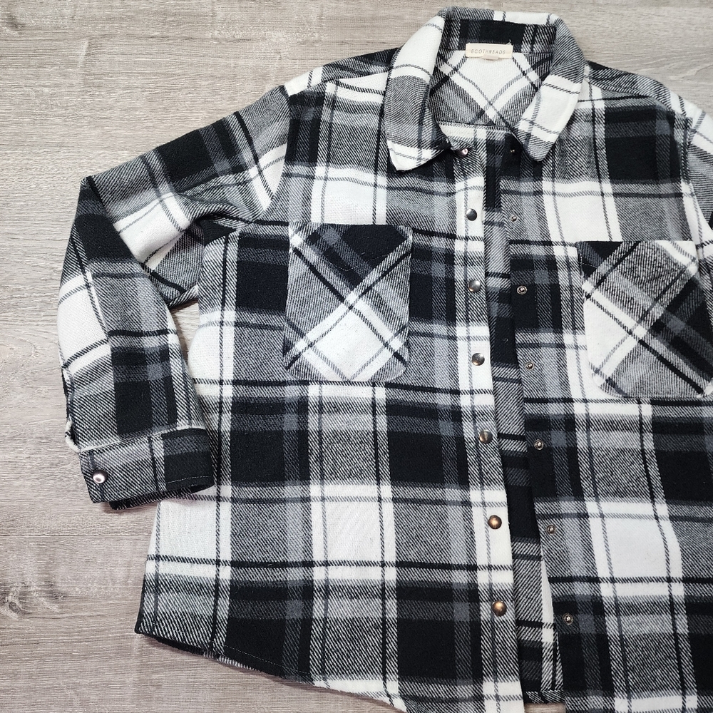 ECOTHREADS Black White Buffalo Check Plaid Snap Front Shacket Coat Shirt 2x